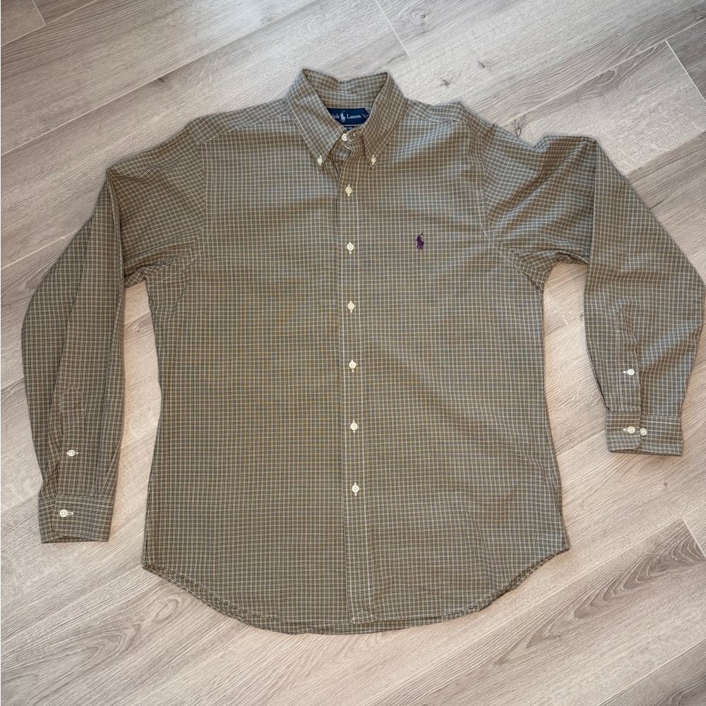 Ralph Lauren Olive Green & Brown Check Button-Down Shirt (LARGE)